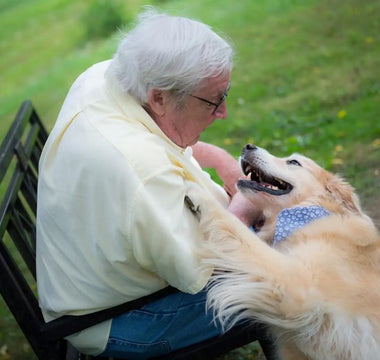 man and dog looking at each other lovingly
