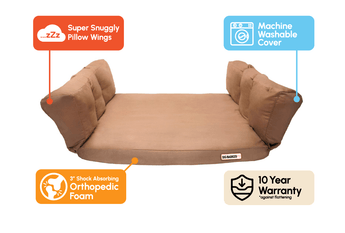 Medium Large Khaki SUV Barker Bed Callout: Super Snuggly Pillow Wings, Machine Washable Cover, 3" Shock Absorbing Orthopedic, 10 Year Warranty against flattening