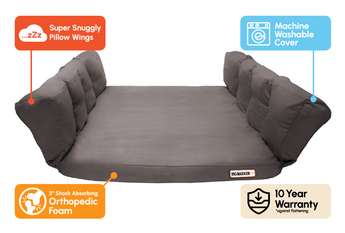 Extra Large Charcoal Gray SUV Barker Bed Callout: Super Snuggly Pillow Wings, Machine Washable Cover, 3" Shock Absorbing Orthopedic, 10 Year Warranty against flattening