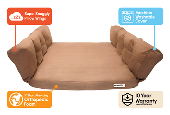 Extra Large Khaki SUV Barker Bed Callout: Super Snuggly Pillow Wings, Machine Washable Cover, 3" Shock Absorbing Orthopedic, 10 Year Warranty against flattening